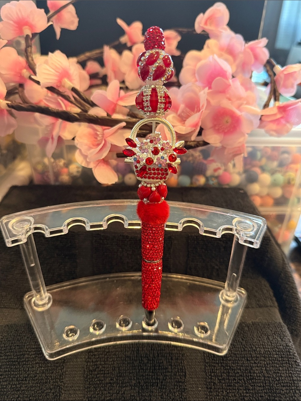 Red Crystal Decorative Ballpoint Pen with Flower Basket Charm